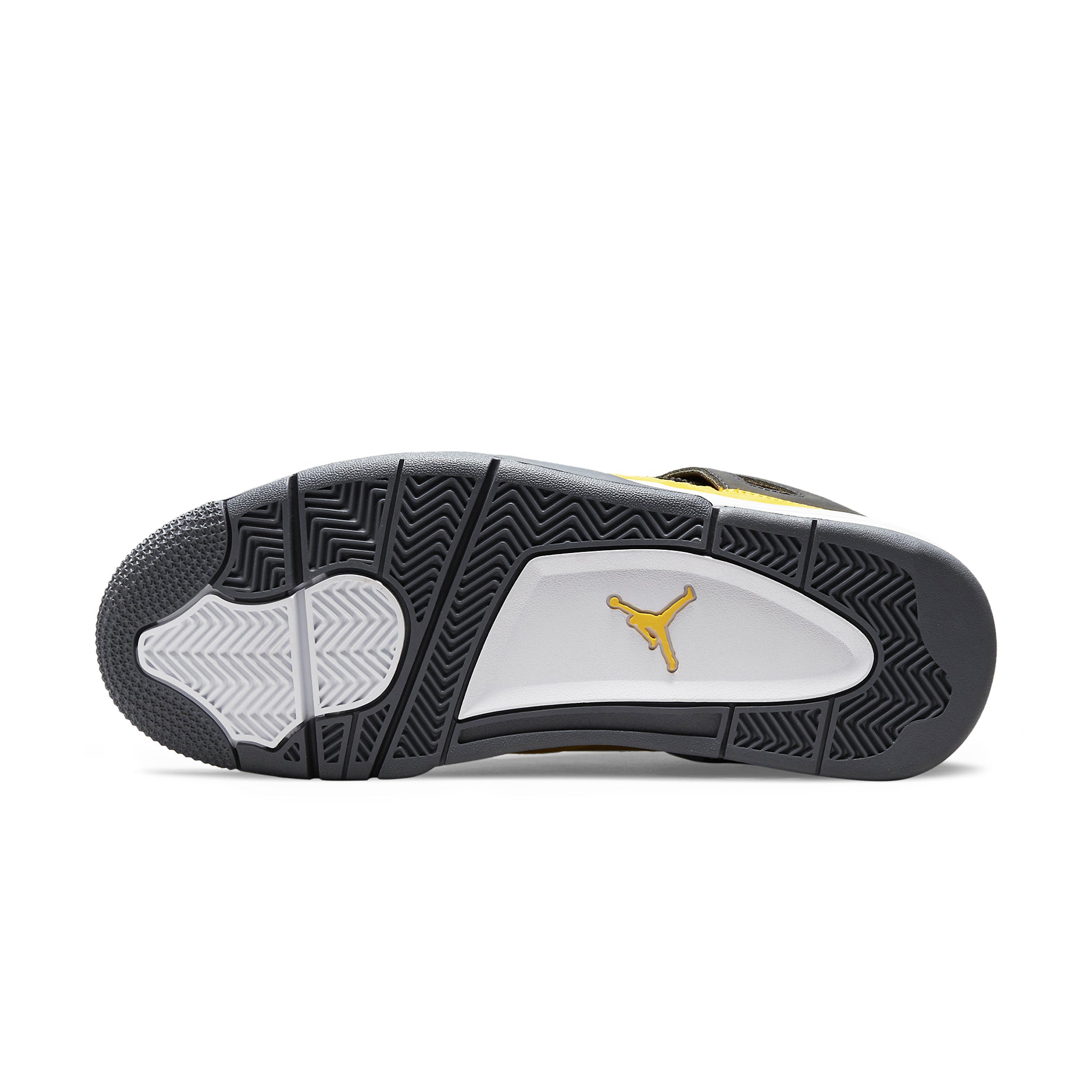 Sole view of Air Jordan 4 Retro Lightning (2021) (GS) 408452-700